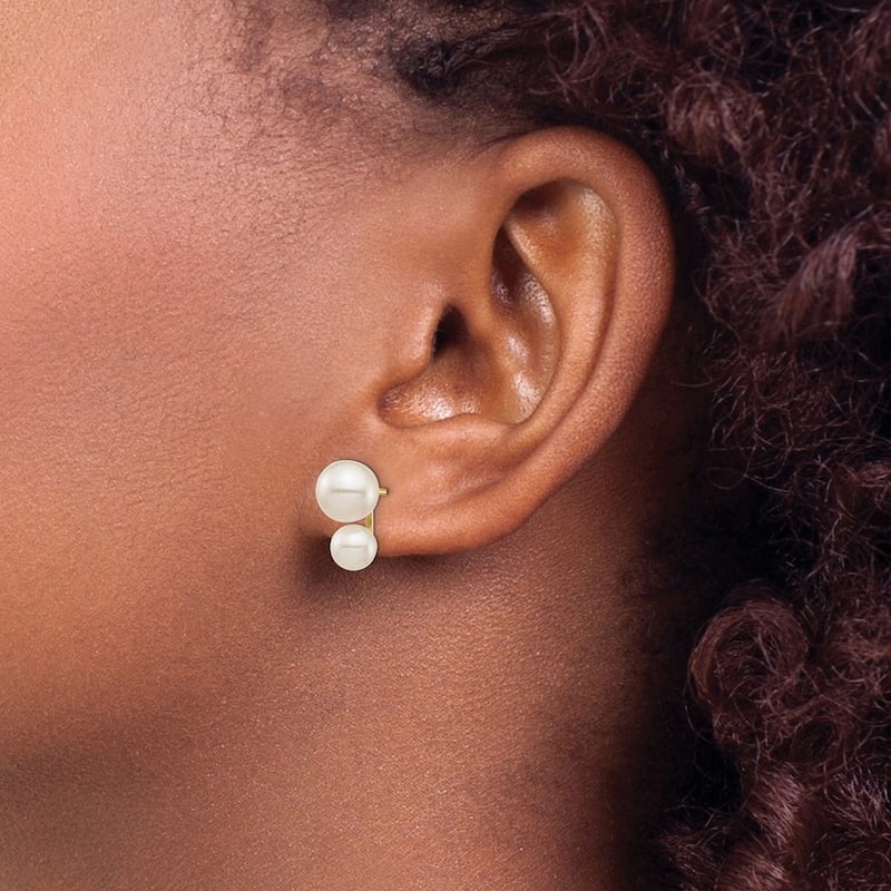 Curata 14k Yellow Gold 5 and 7mm White Round Cultured Double Pearl Post Earrings (12.75x7.27mm)