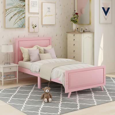 Wood Platform Bed Twin Bed Frame Mattress Foundation with Headboard and Wood Slat Support - Pink
