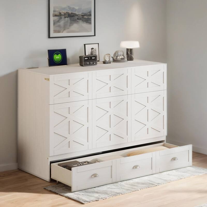 Full Size Wood Murphy Bed with Drawer,USB Port and Three-Prong Outlets