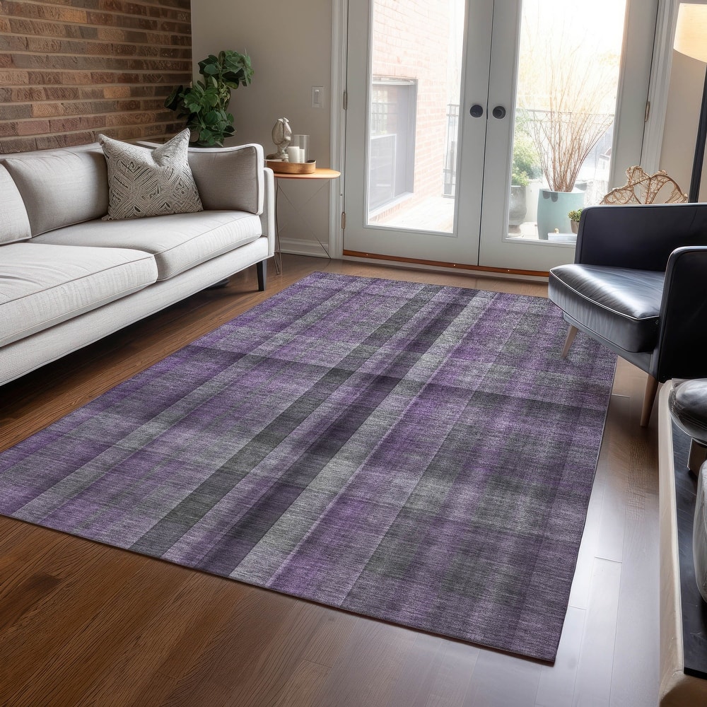 Machine Washable Indoor/ Outdoor Modern Plaid Chantille Rug