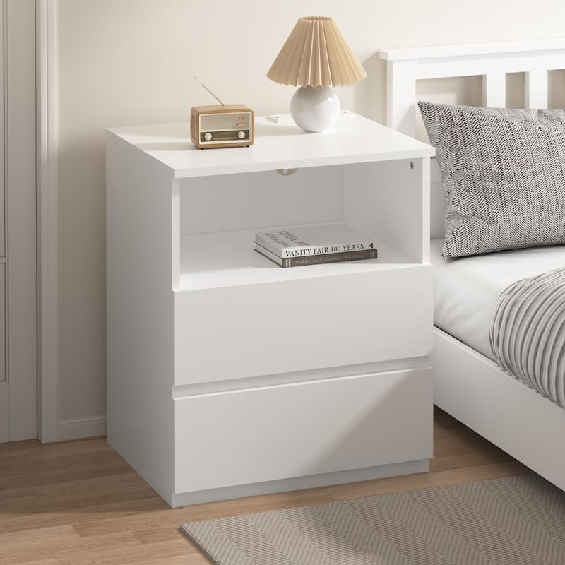 End Table with Fast USB C Charging Station, Sofa Side Table with 2 Drawers, Large Storage Modern Wood Storage Cabinet - White