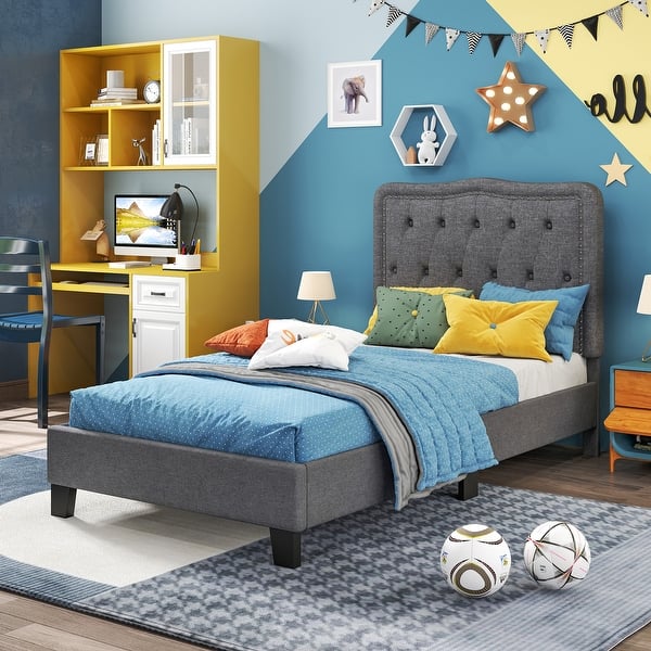 slide 2 of 9, Twin Size Bed Frame with 46-Inch Tall Button Tufted Headboard Grey