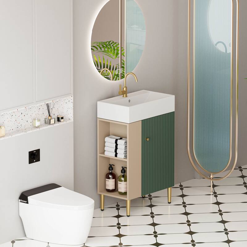 21.6" Open-Shelving Bathroom Vanity with Ceramic Sink and Cabinet - Brown+Green