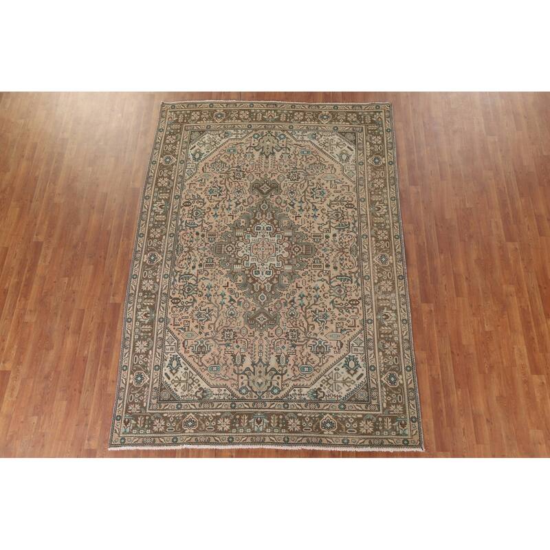 Hand Knotted Oriental 100% Wool Carpet Traditional Medallion Peach Tabriz Area Rug - 9' 5'' X 6' 7''
