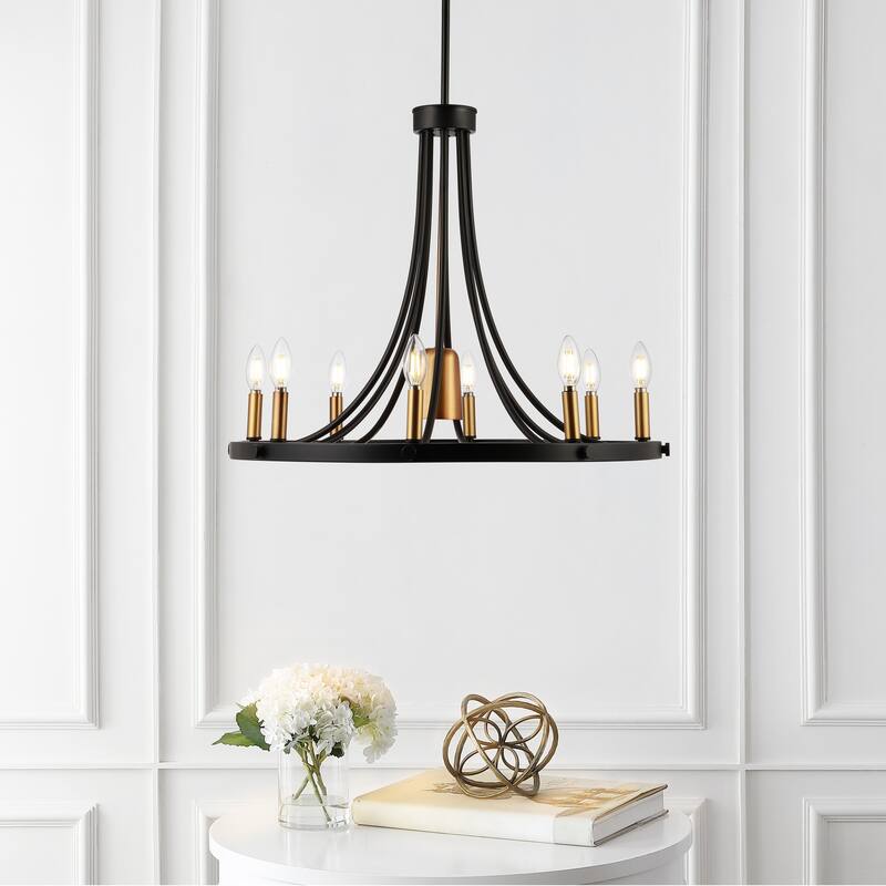 Bungalow 26.75" 9-Light Adjustable Iron Transitional Modern LED Chandelier, Black/Brass Gold by JONATHAN Y