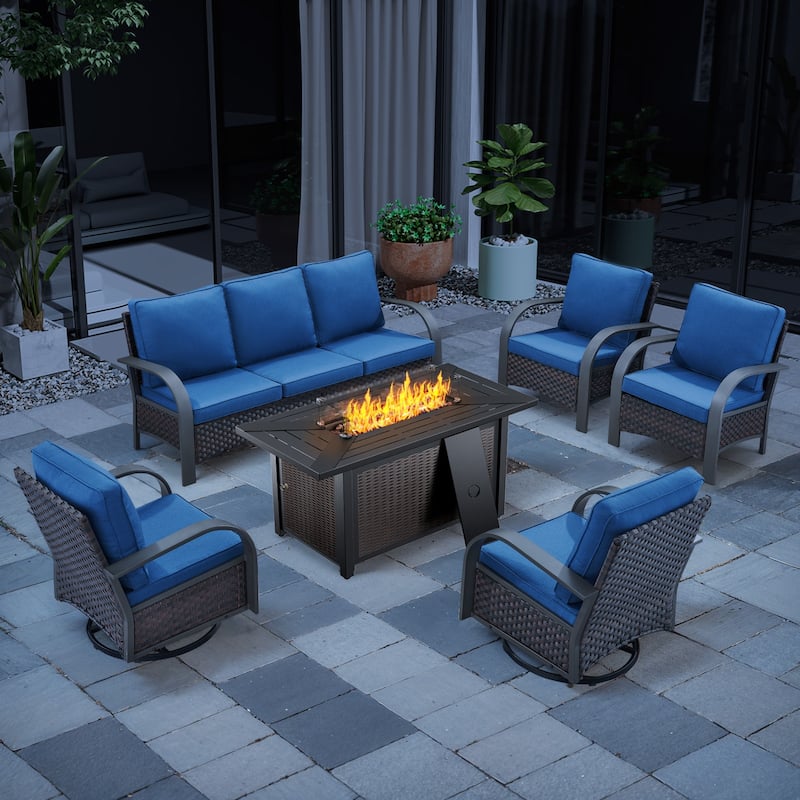 Pocassy Outdoor Patio Furniture Set - Brown Rattan - Blue Cushion - 6PCS Sofa Chair with Fire Table
