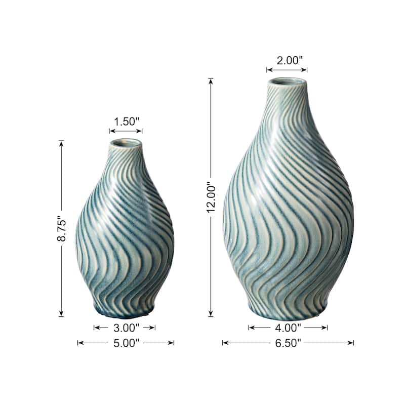 Glitzhome Modern Spiraling Artistry Turquoise Ceramic Table Vases(Set of 2 )