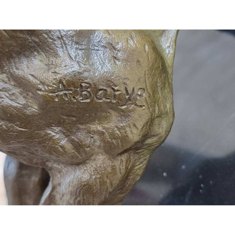 Bronze Sculpture Angry Hungry Male Lion Marble Base Figurine Art Deco Figure