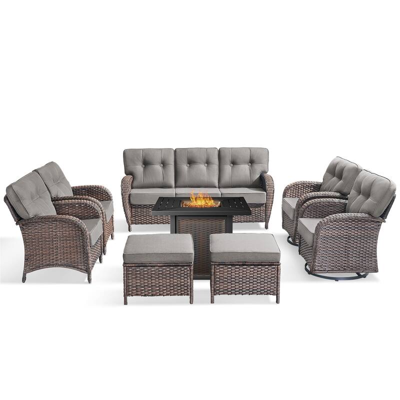Pocassy Outdoor 30 In Fire Table with Sofa Swivel Patio Chair Set