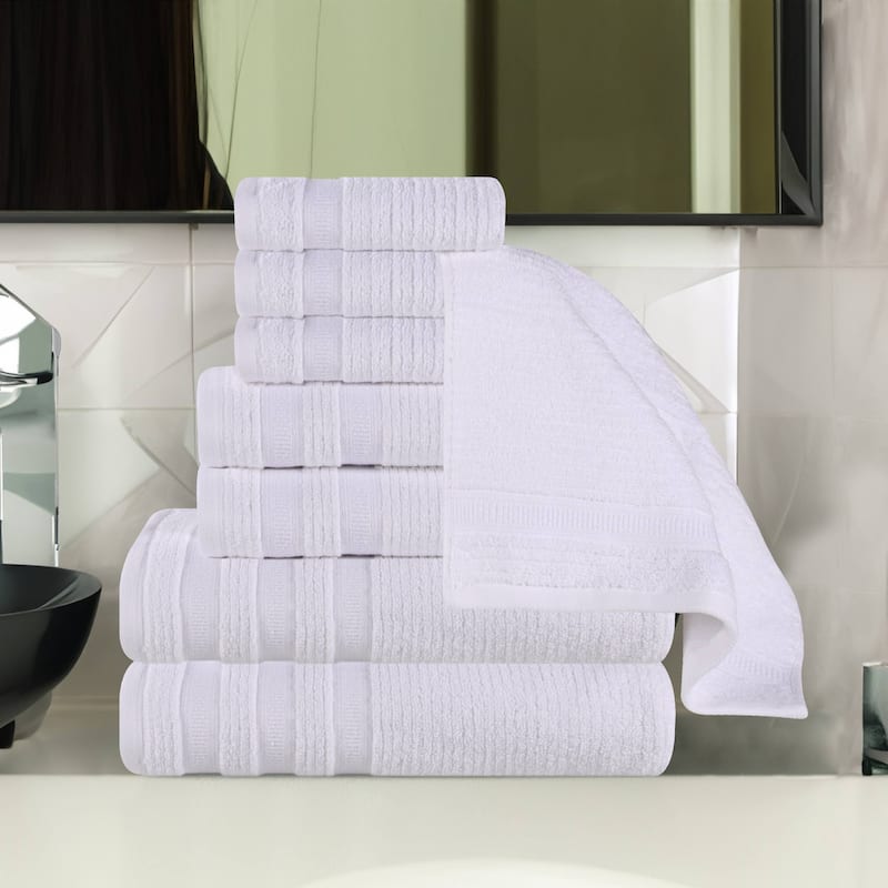 Superior Brea Zero Twist Cotton Ribbed Modern 8 Piece Bathroom Towel Set - White