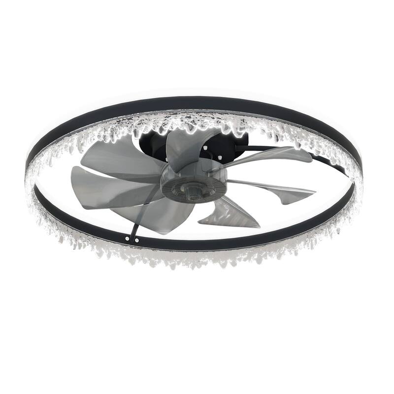 Modern LED Ceiling Fan with Light - 24" Dimmable Ceiling Light with Invisible Blades and Crystal Design - Black