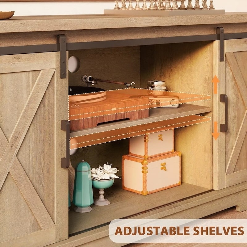 Farmhouse TV Stand for 65 Inch TVs, with Sliding Barn Doors
