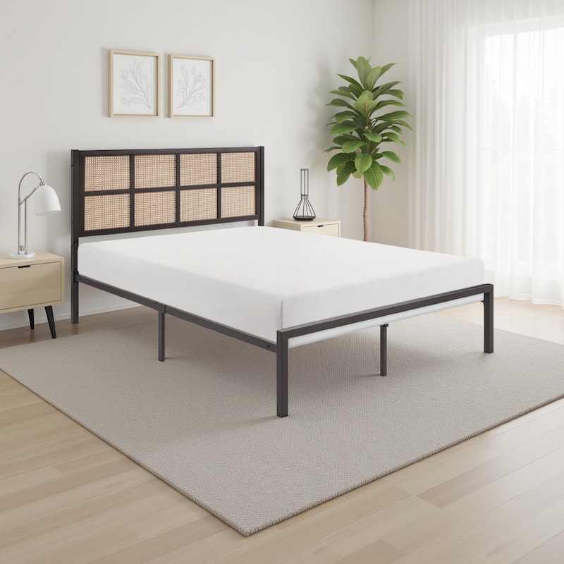 Annie King Platform Metal Bed, Brown Faux Cane Panel Headboard, Dark Bronze