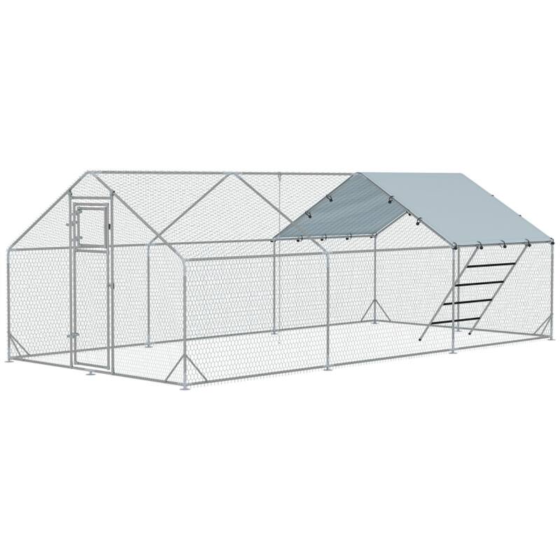 Outdoor Chicken Coop with Mesh Sides, Feeder Door and Weather Cover - 9.8'W x 19.7'D x 6.4'H