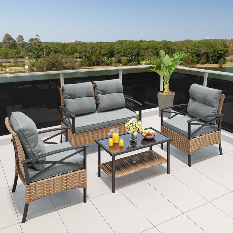 Moasis 4-Piece Patio Furniture Wicker Outdoor Bistro Set All-Weather Rattan Conversation Loveseat Chairs - 4 Pcs
