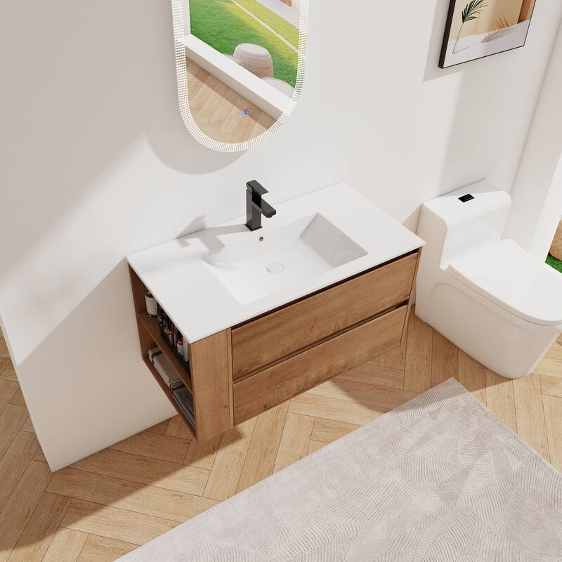 35.9-Inch Modern Bathroom Vanity with Ceramic Sink, Adjustable Side Shelf, Soft-Close Drawers, and 45° Beveled Invisible Handle