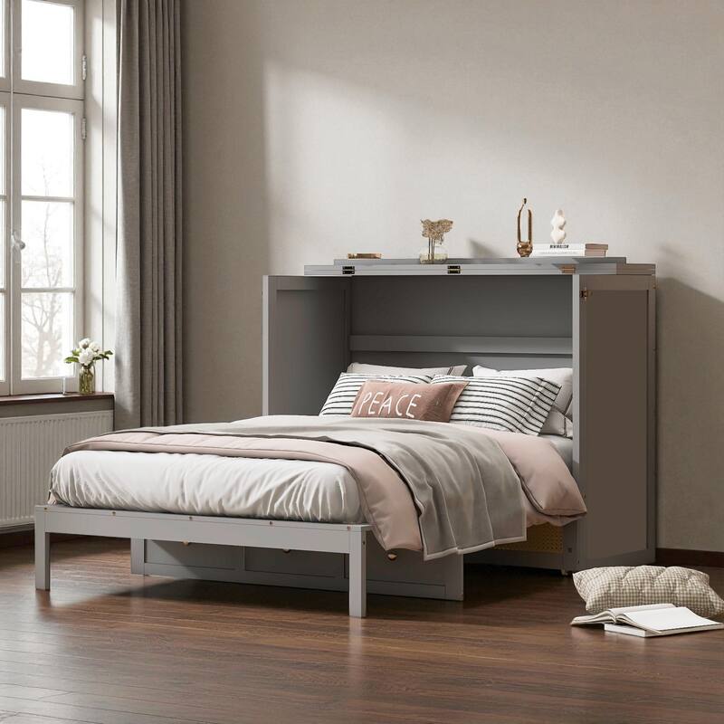 Full Size Murphy Bed with Large Storage Drawers, Space-Saving Foldable Wall Bed with Elegant Front Design