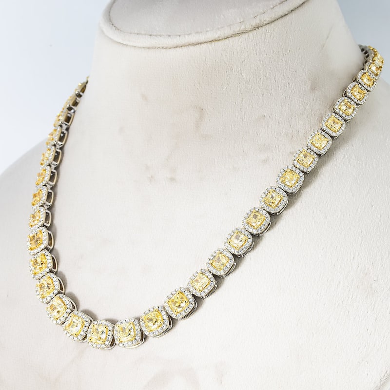 House Of Leon 18K Two Tone Cushion Cut Canary Yellow Diamond Chain 49.52ct