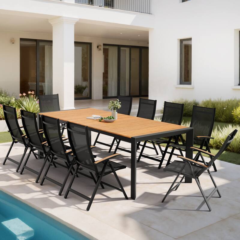 Set of 11 Outdoor Patio Dining Set WoodLike Table Top Aluminum Rectangular Umbrella Hole Table with Folding Teak Armrest Chairs - Brown