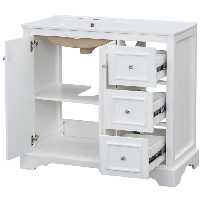 36" transitional bathroom vanity with ceramic sink - features 2 soft-close doors, an adjustable U-shaped shelf, 3 drawers
