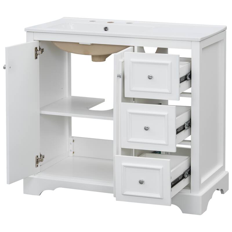 36'' Bathroom Vanity with ceramic sink Bathroom Storage Cabinet with Adjustable U-shaped shelf and 3 drawers