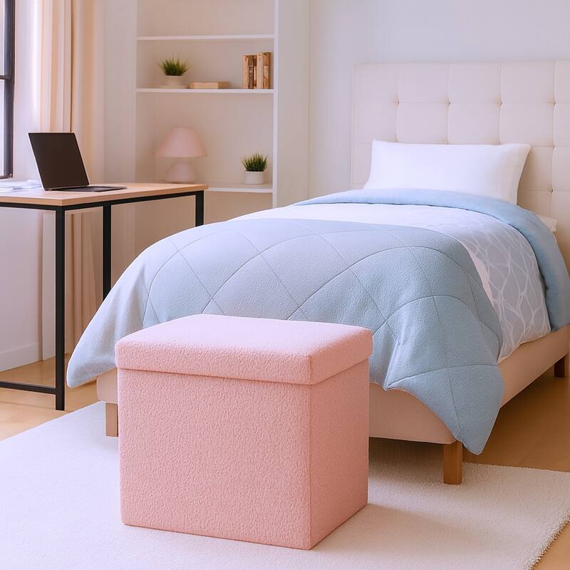 HomeRoots 15" White Boucle Cube Storage Ottoman - Pink