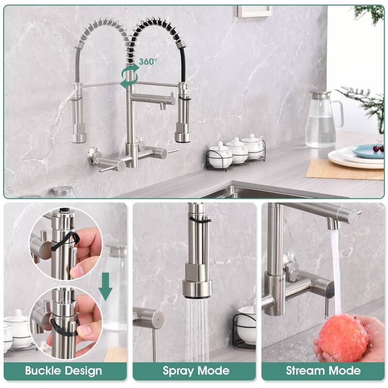 Dornberg Wall Mount Kitchen Faucet with Pull Down Sprayer, Spring Faucet