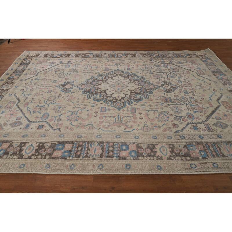 Geometric Beige Tabriz Persian Rug Hand-Knotted Wool Carpet - 8'1"x 10'8"