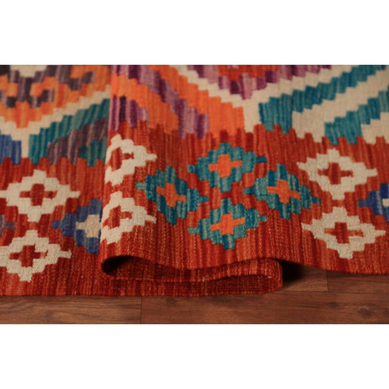 Geometric Kilim Reversible Area Rug Flatweave Orange Wool Carpet - 8'0"x 11'2"