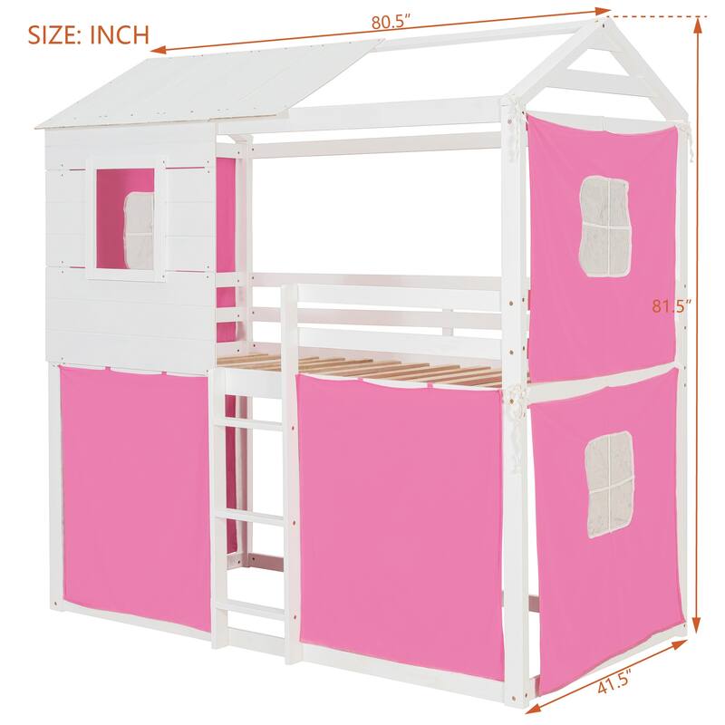 Twin/Full Wood House Bunk Bed with Tent, Playhouse Design, Windows & Roof, Solid Wood Frame, No Box Spring Required