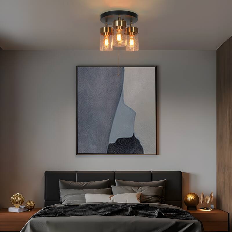 Modern 3-Light Black Gold Glass Cluster Semi Flush Mount Ceiling Light with Pull String - 11" D x 9.5" H