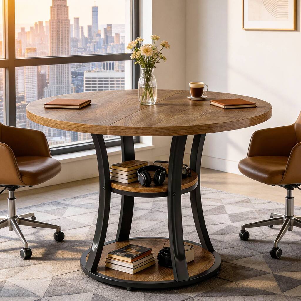 39.37 Inch Round Conference Table with 2-Tier Storage Shelf and Metal Base for 4 People - 39.37" D x 39.37" W x 29.53" H