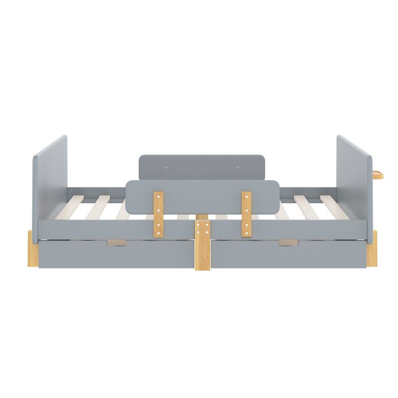 Roomfitters Platform Bed with Storage Drawers and Shelf, Solid Wood Frame with Hooks and Guardrails