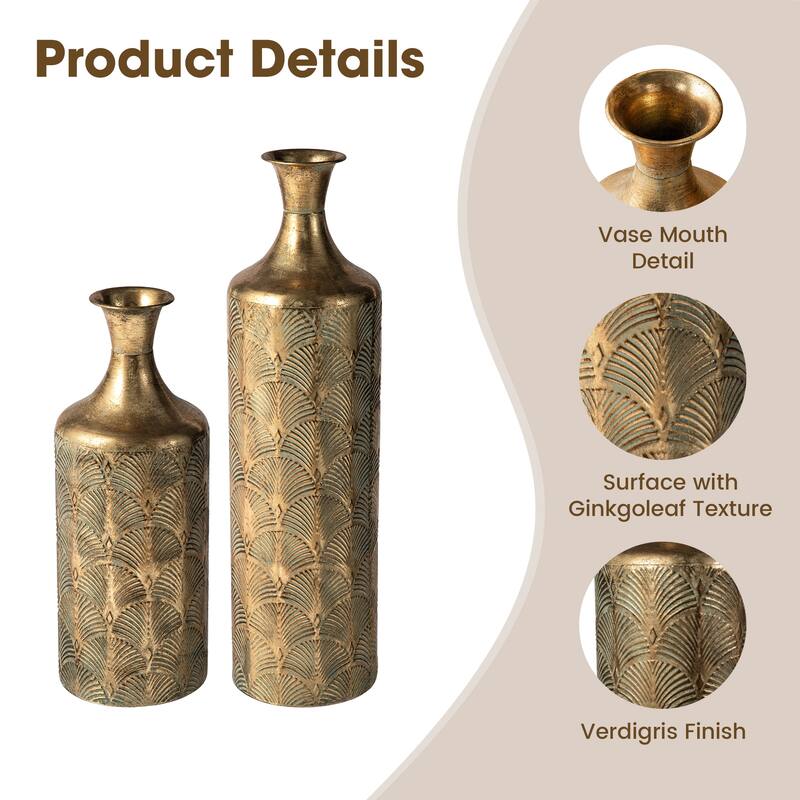 Glitzhome Set of 2 Metal Antique Gold Gingko or Verdigris Finish Floor Vases