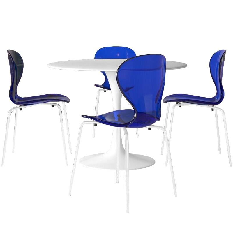 5-Piece Dining Set with 35-Inch Round Dining Table and 4 Side Chairs in White Stainless Steel - Transparent Blue