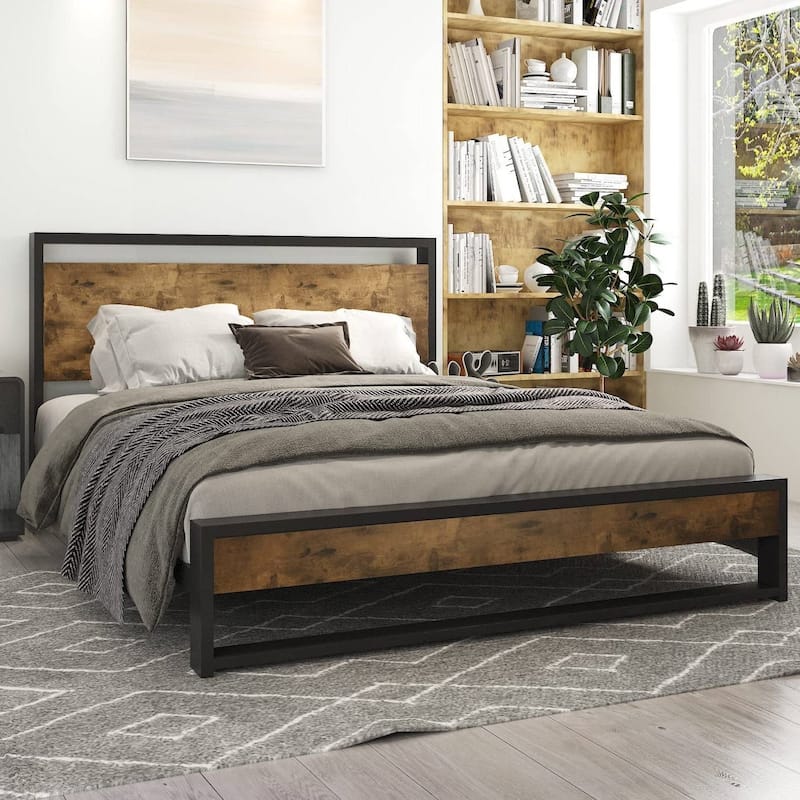 Modern Farmhouse Platform Bed Frame with Wood Panel Headboard Footboard
