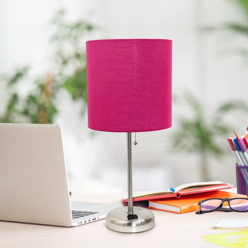 19.5 in. Brushed Steel Finish Table Lamp with Pink Shade, Sturdy Table Lamp for Living Rooms and Bedrooms