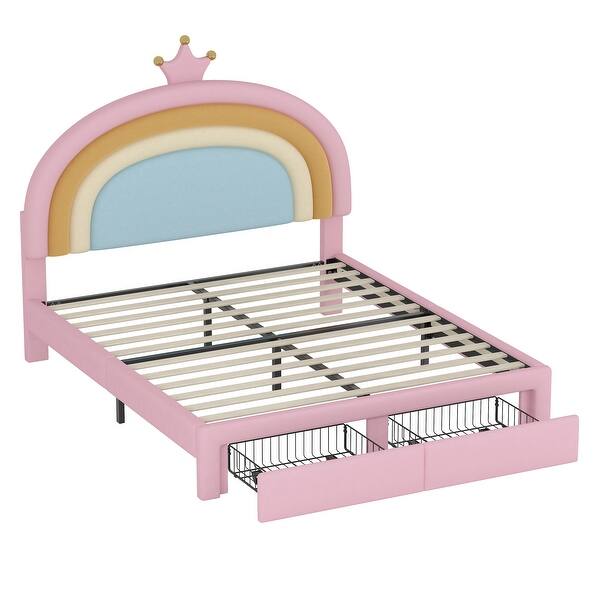 slide 2 of 11, Upholstered Rainbow Design Bed, Princess Platform Bed with Storage Drawer Pink