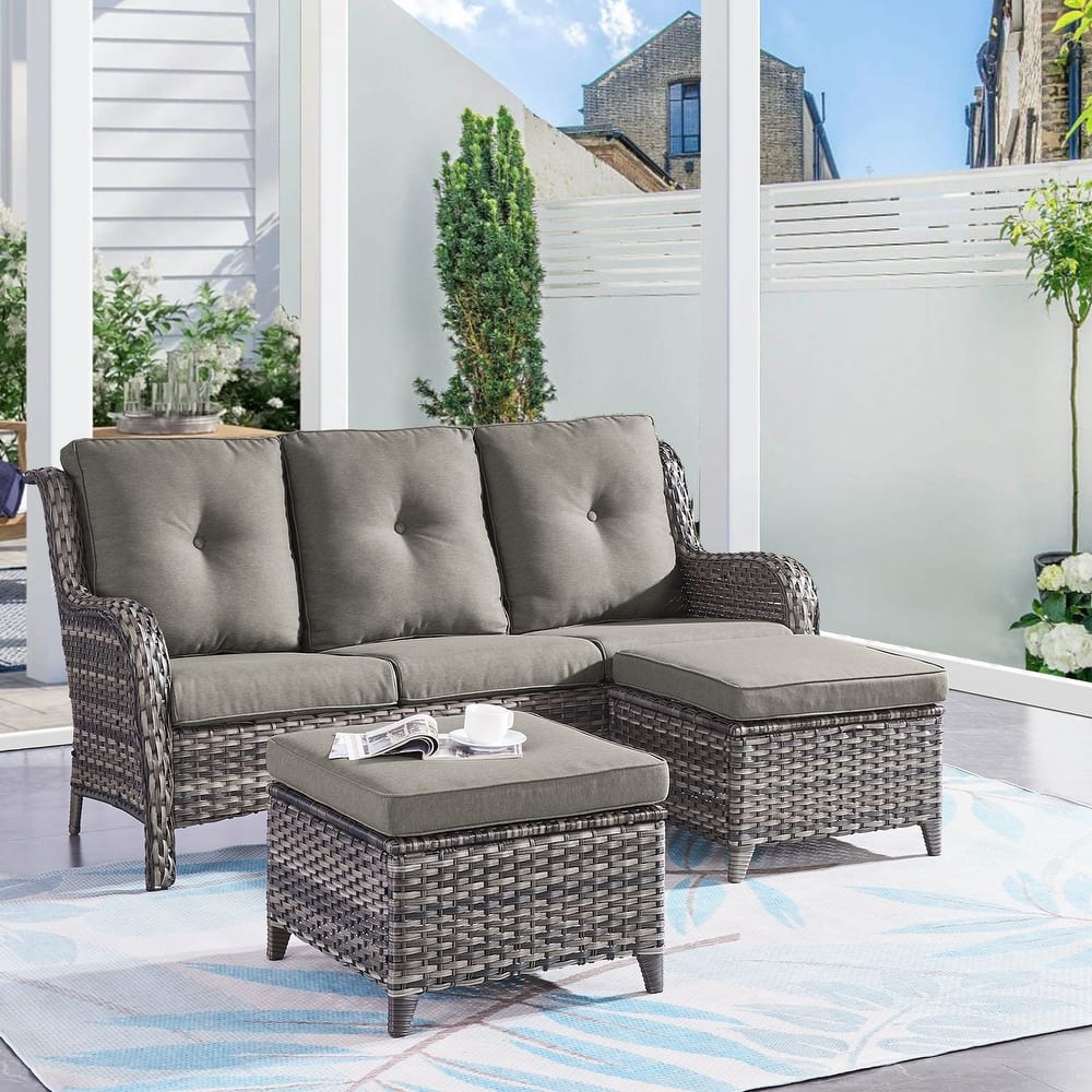 Gymojoy 3-Piece Outdoor Wicker Patio Furniture with 3 Seat Sofa, Rattan Coversation Set with Water Resistant Thick Cushions
