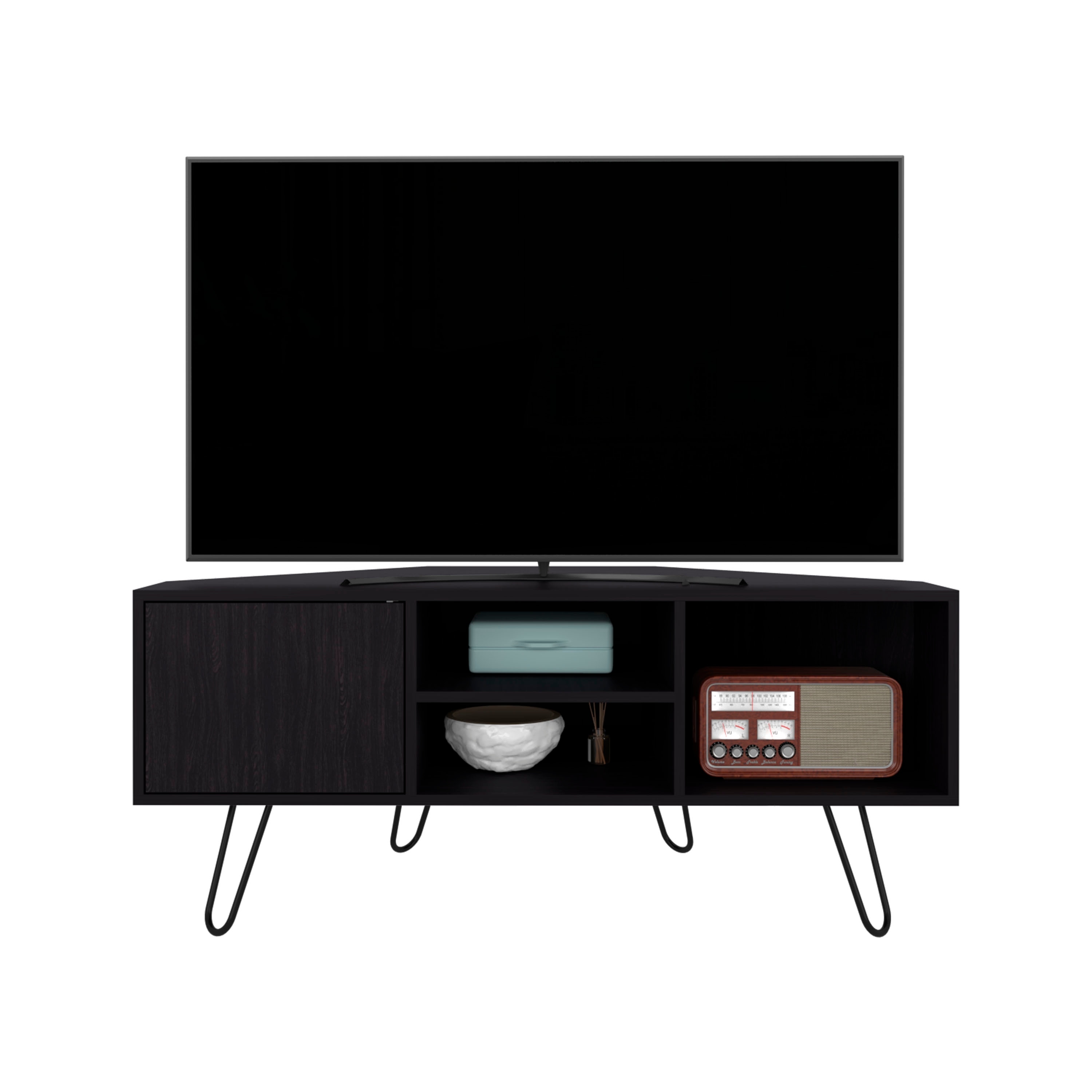 TV Stand, 1 Door, 3 Shelves, 4 Legs, Black