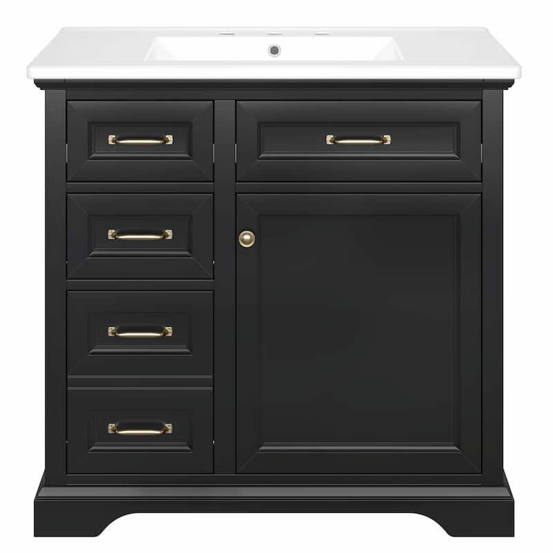 36-Inch Bathroom Vanity with Ceramic Sink Top - 4 Drawers and 1 Soft-Close Door