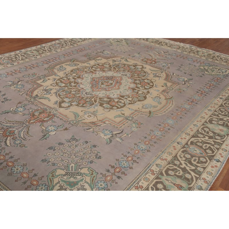Gray Geometric Tabriz Persian Vintage Area Rug Handmade Wool Carpet - 9'10"x 12'11"