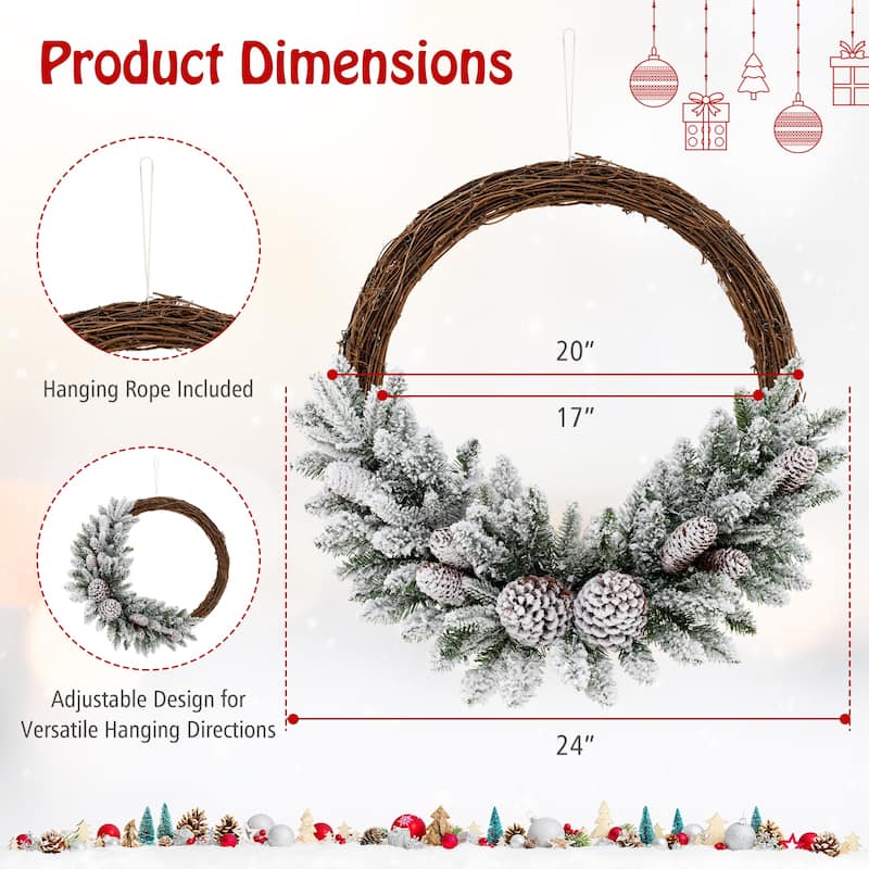 24" Pre-Lit Snow Flocked Christmas Wreath with LED Lights and Pine Cones - Dia 24"