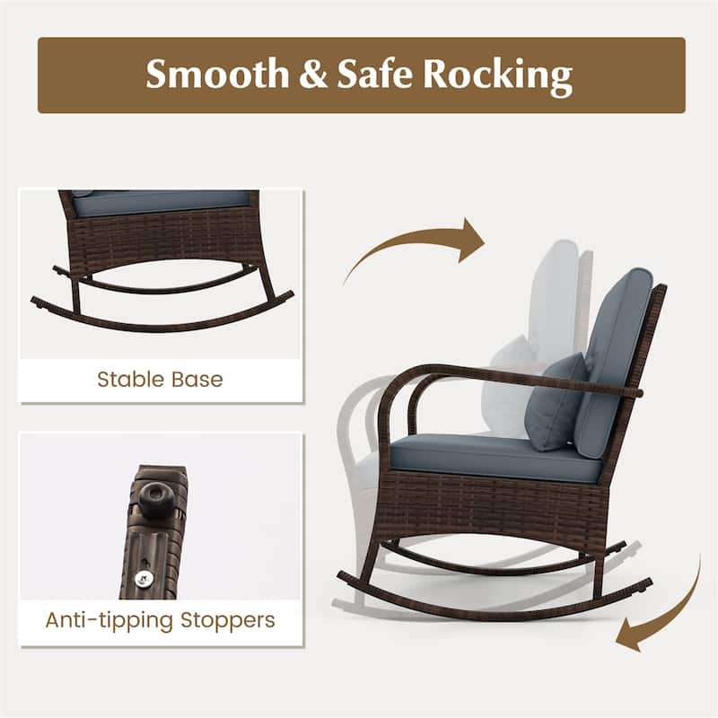 Gymax 3PCS Outdoor Rocking Set Rattan Rocker Chairs w/ Tempered Glass