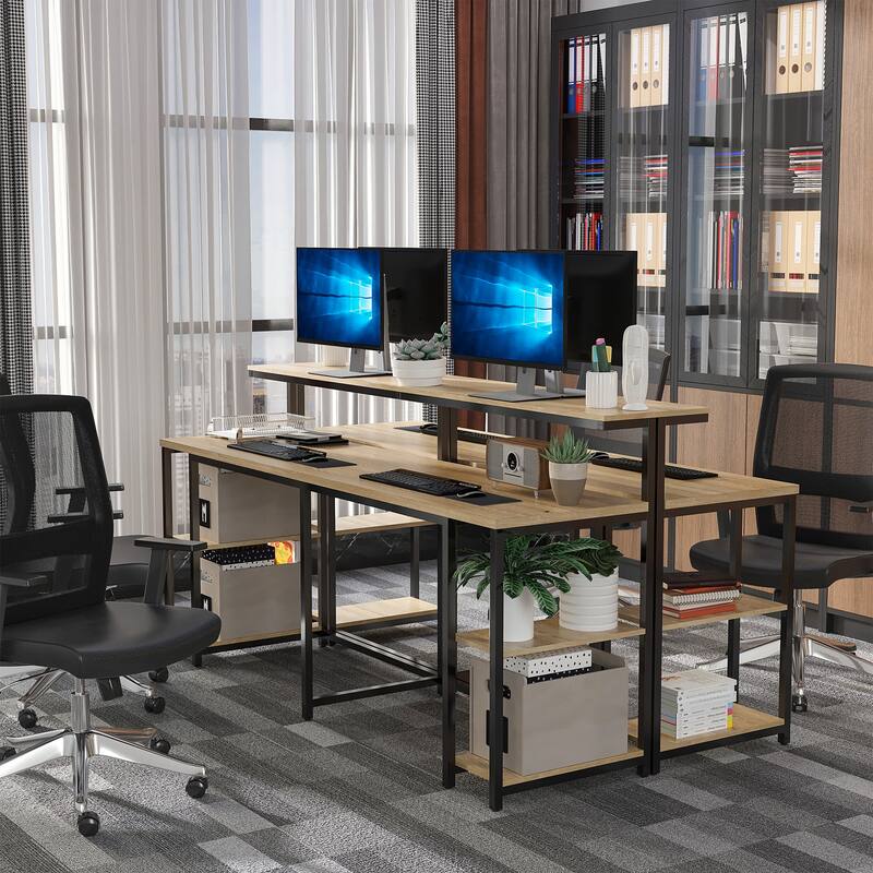 78.75 Inches Double Computer Desk for Two Person, Extra Long Home Office Desk with Monitor Shelf and CPU Stand, Brown