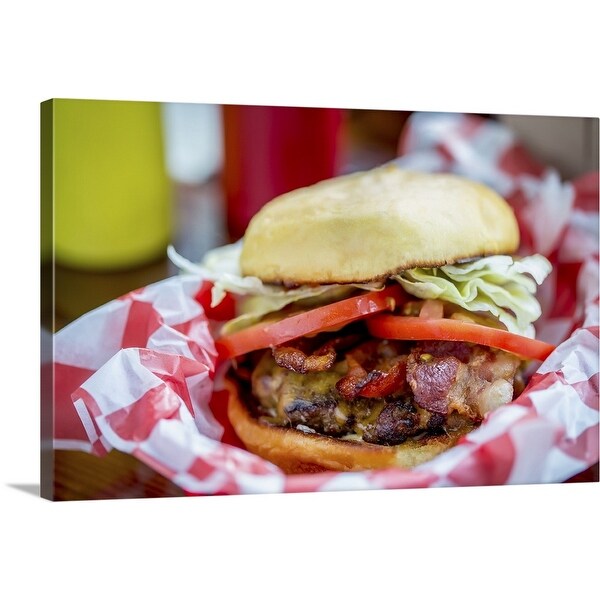 "Bacon cheeseburger in basket" Canvas Wall Art