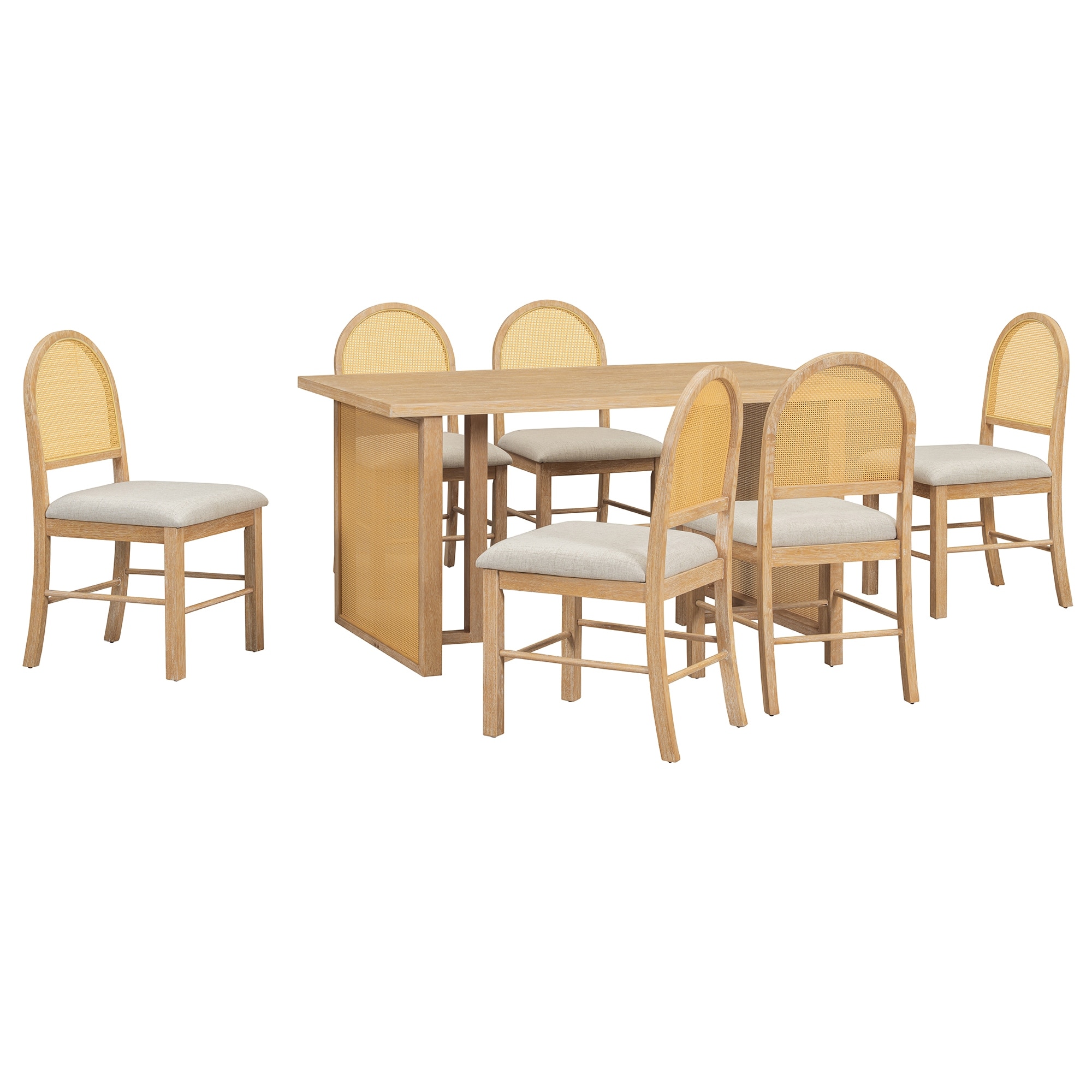 59.8" Rectangular Dining Table with 6 Rattan Chairs, Simple Dining Table Set with Padded Chairs for Dining Room