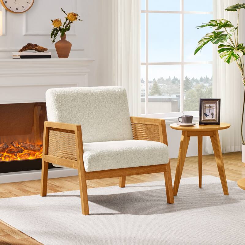Yaheetech Modern Upholstered Fabric Accent Chair with Rattan Sides for Living Rooms, Bedrooms - 27″×30″×31″ - Ivory