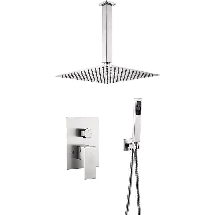 brushed nickel ceiling mount 12 inch rain head 2 way shower faucet with handle sprayer - 7'6" x 10'9"