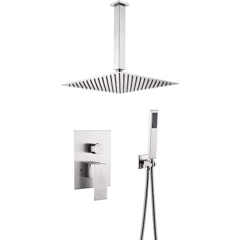 brushed nickel ceiling mount 12 inch rain head 2 way shower faucet with handle sprayer - 7'6" x 10'9"